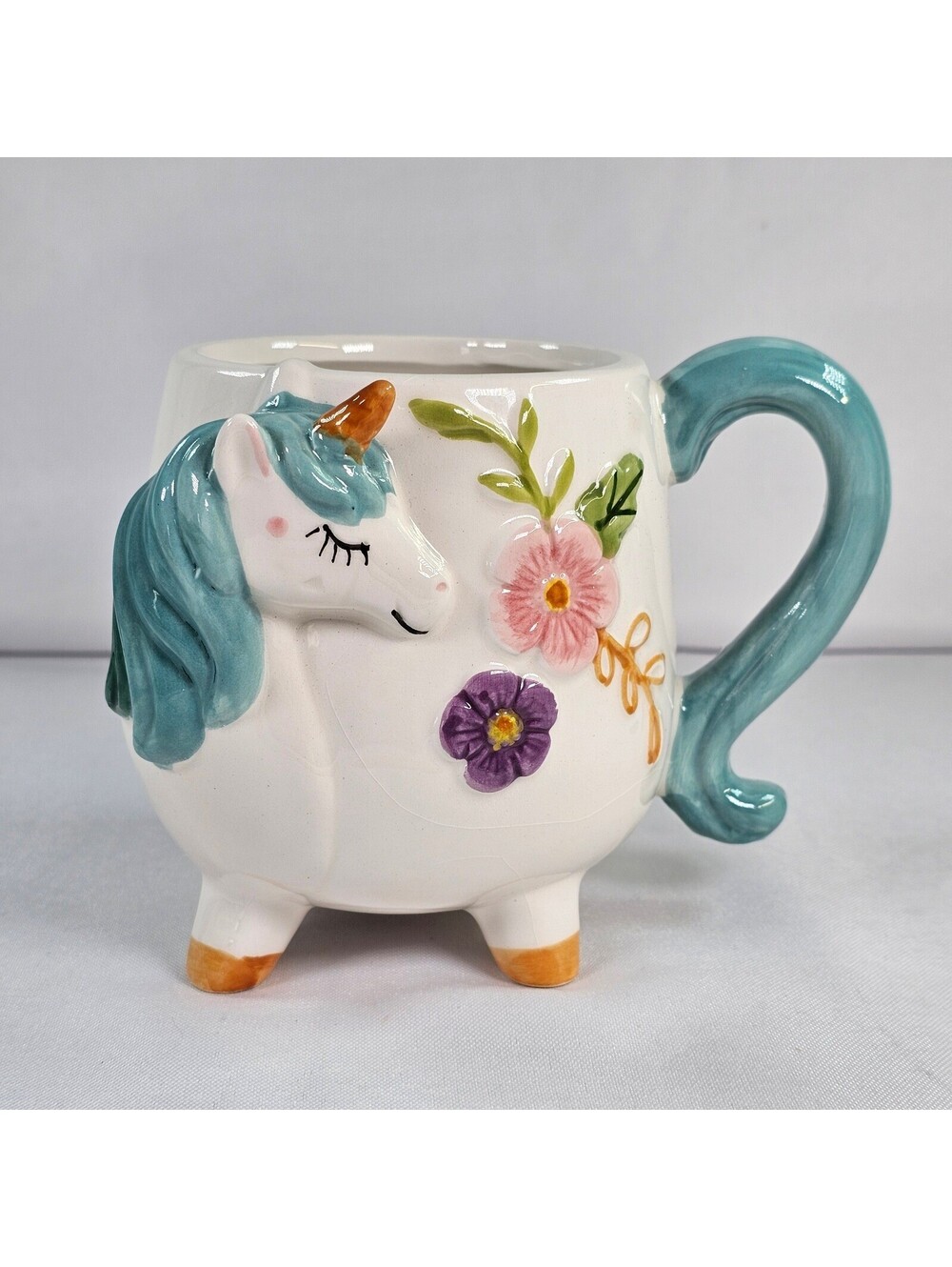 Boston Warehouse Unicorn Mug Teal Mane Floral 3D Sculpted Ceramic Footed 16oz